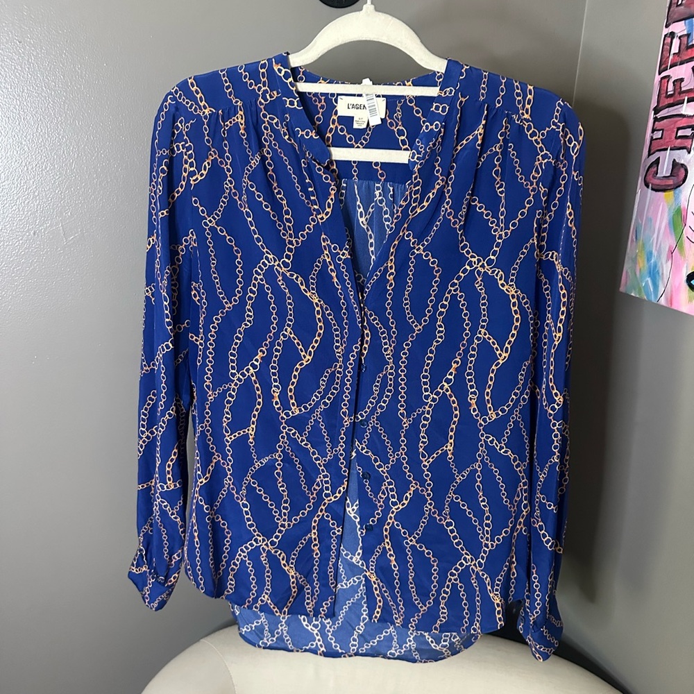 L'AGENCE Blue Buttoned Blouse with Mandarin Collar
